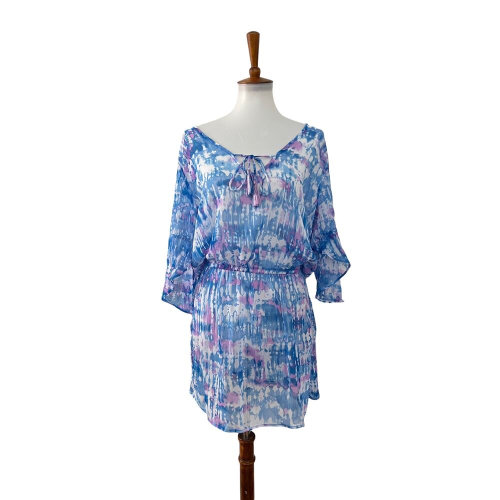 BCA Rebecca Virtue Womens Sheer Tie Dye Coverup Short Sleeve Blue M Medium - Picture 1 of 7